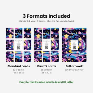 May include: A digital product display showing 3 Formats Included: Standard cards at 2.5 x 3.5 inches, Vault X cards at 2.6 x 3.7 inches, and full artwork. The background features a dark blue galaxy pattern with yellow and pink stars and swirls.