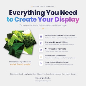 May include: A digital download product featuring 9 printable extended-art panels for binder pages. The graphic displays a seamless green leaf scene, text reading Everything You Need to Create Your Display, and instructions for A4 and US Letter formats.