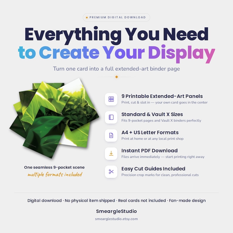 May include: A digital download product featuring 9 printable extended-art panels for binder pages. The graphic displays a seamless green leaf scene, text reading Everything You Need to Create Your Display, and instructions for A4 and US Letter formats.