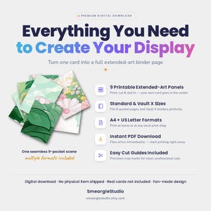 May include: A digital download product featuring 9 printable extended-art panels for binder pages. The graphic displays floral and leaf illustrations, text reading Everything You Need to Create Your Display, and lists features like A4 and US Letter formats.