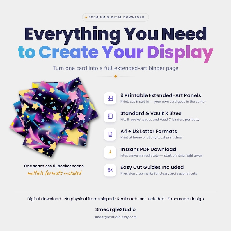 May include: A digital download featuring a galaxy-themed 9-pocket binder page design with stars and nebulae. Text includes Everything You Need to Create Your Display, 9 Printable Extended-Art Panels, Standard & Vault X Sizes, A4 + US Letter Formats.