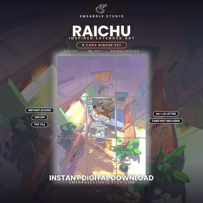 May include: A digital art print set titled Raichu Inspired Extended Art 9 Card Binder Set by Smeargle Studio. The image features a grid of nine panels depicting a bedroom scene with a Raichu character, including text labels for instant access.