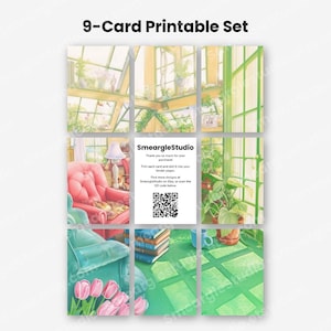 May include: A 9-card printable set featuring illustrations of a sunlit greenhouse with pink and teal armchairs, potted plants, books, and tulips. The center card displays the text SmeargleStudio, instructions, and a QR code for digital access.