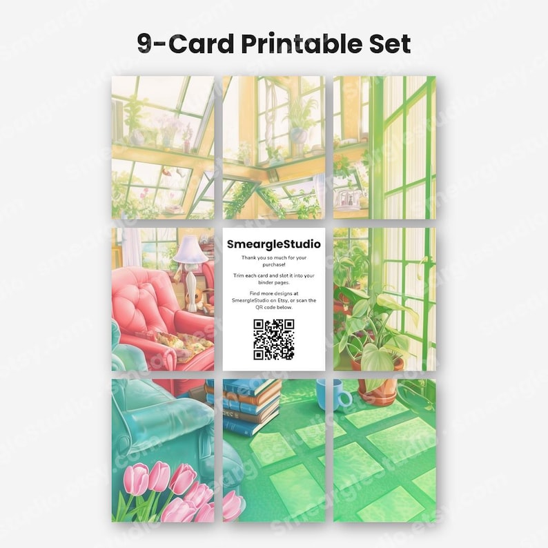 May include: A 9-card printable set featuring illustrations of a sunlit greenhouse with pink and teal armchairs, potted plants, books, and tulips. The center card displays the text SmeargleStudio, instructions, and a QR code for digital access.