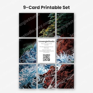 May include: A 9-card printable set featuring a continuous illustration of crashing blue ocean waves against dark red rocks and green trees. The center card contains the text SmeargleStudio, a thank you note, and a QR code for further designs.