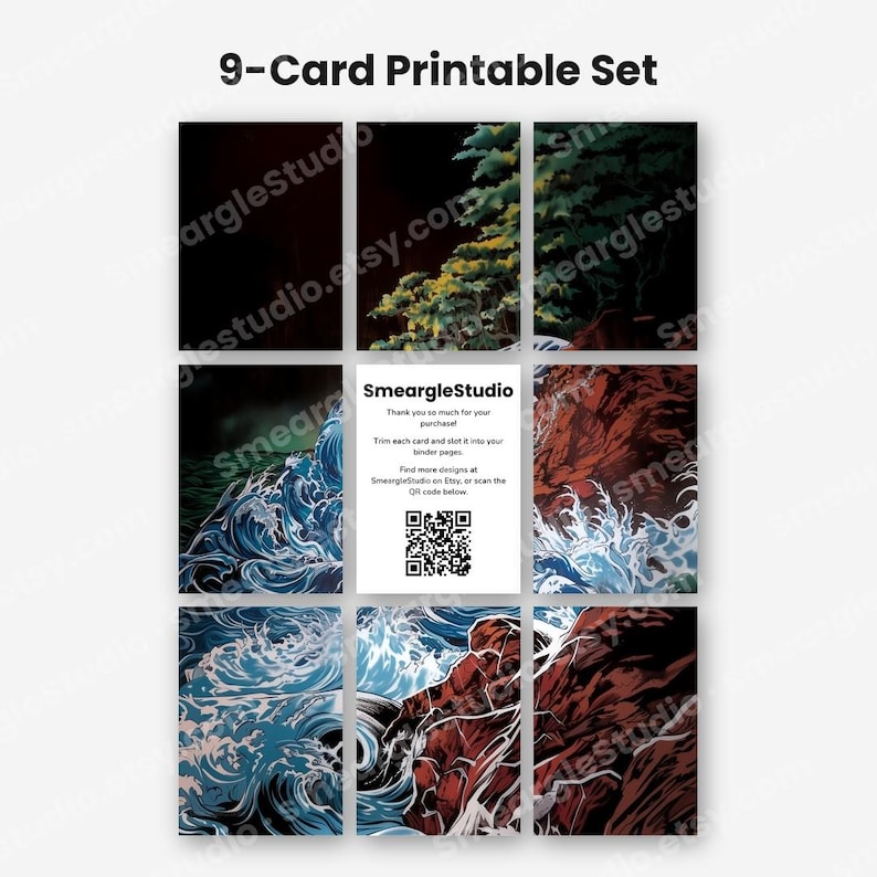 May include: A 9-card printable set featuring a continuous illustration of crashing blue ocean waves against dark red rocks and green trees. The center card contains the text SmeargleStudio, a thank you note, and a QR code for further designs.