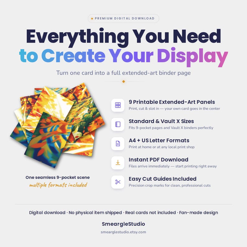 May include: A digital download product display featuring the text Everything You Need to Create Your Display. It includes a stack of colorful, abstract art panels and a list of features such as 9 printable extended-art panels, A4 and US letter formats.
