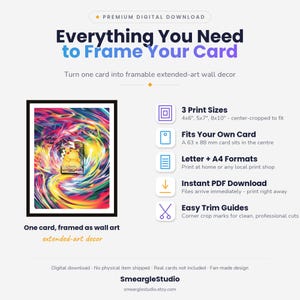 May include: A digital download guide for framing trading cards, featuring a black-framed example with a Pikachu card against a colorful swirl background. Text includes 'Everything You Need to Frame Your Card', '3 Print Sizes', 'Fits Your Own Card', 'Letter + A4 Formats', 'Instant PDF Download', and 'Easy Trim Guides'.