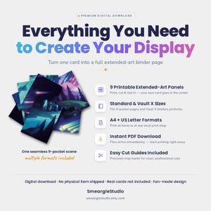 May include: A digital download product featuring 9 printable extended-art panels for a 9-pocket binder page. The design displays a seamless scene with a dark, starry landscape, purple sky, and shooting stars. Includes A4 and US letter formats.