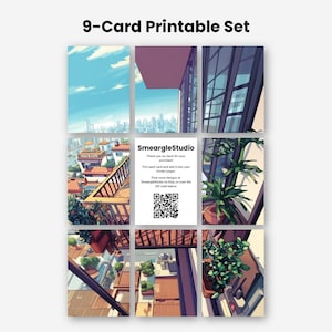 May include: A 9-card printable set featuring an anime-style city balcony scene. Eight cards show a rooftop view with buildings, plants, and a blue sky. The center card displays the text SmeargleStudio, instructions, and a QR code.
