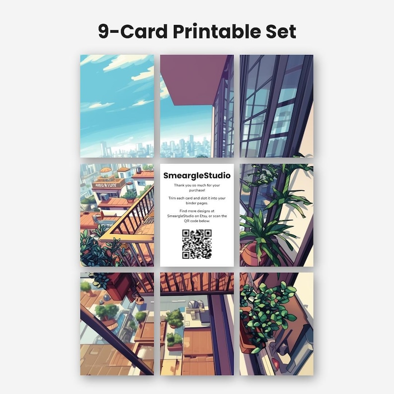 May include: A 9-card printable set featuring an anime-style city balcony scene. Eight cards show a rooftop view with buildings, plants, and a blue sky. The center card displays the text SmeargleStudio, instructions, and a QR code.