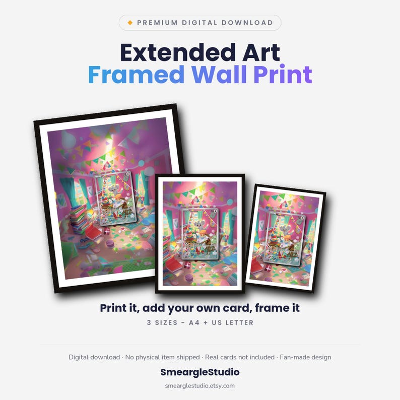 May include: Three black-framed wall prints featuring a colorful illustration of a cartoon character in a room with party decorations. Text includes: Premium Digital Download, Extended Art Framed Wall Print, Print it, add your own card, frame it, 3 SIZES - A4 + US LETTER, SmeargleStudio.