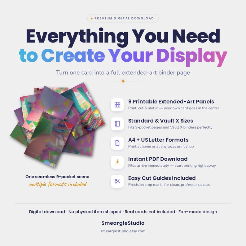 Pode incluir: Um produto de download digital com 9 pain&eacute;is de arte estendida imprim&iacute;veis para pastas de cartas. O gr&aacute;fico exibe o texto Everything You Need to Create Your Display, com uma cena abstrata de 9 bolsos e guias de corte inclu&iacute;das.
