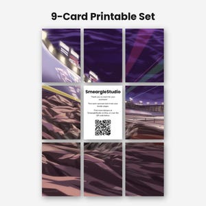 May include: A 9-card printable set featuring a dark purple stadium scene with bright lights and rocky terrain. The center card displays the text SmeargleStudio, instructions for trimming and slotting into binder pages, and a black QR code.