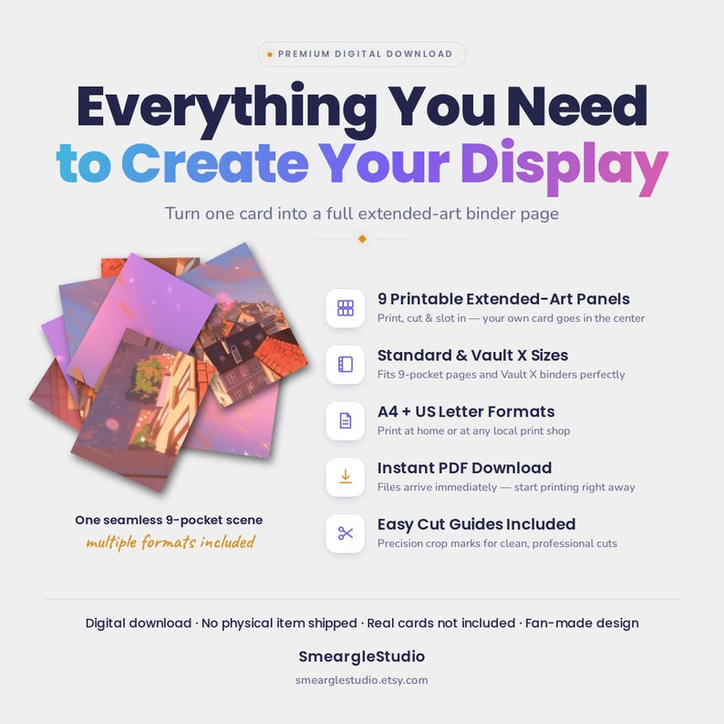 K&ouml;nnte beinhalten: Ein digitales Download-Produkt mit 9 druckbaren Extended-Art-Panels f&uuml;r Sammelordner. Die Grafik zeigt eine nahtlose 9-Taschen-Szene in violetten und orangen Farbt&ouml;nen. Der Text umfasst Everything You Need to Create Your Display, 9 Printable Extended-Art Panels, Standard & Vault X Sizes, A4 + US Letter Formats, Instant PDF Download und Easy Cut Guides Included.