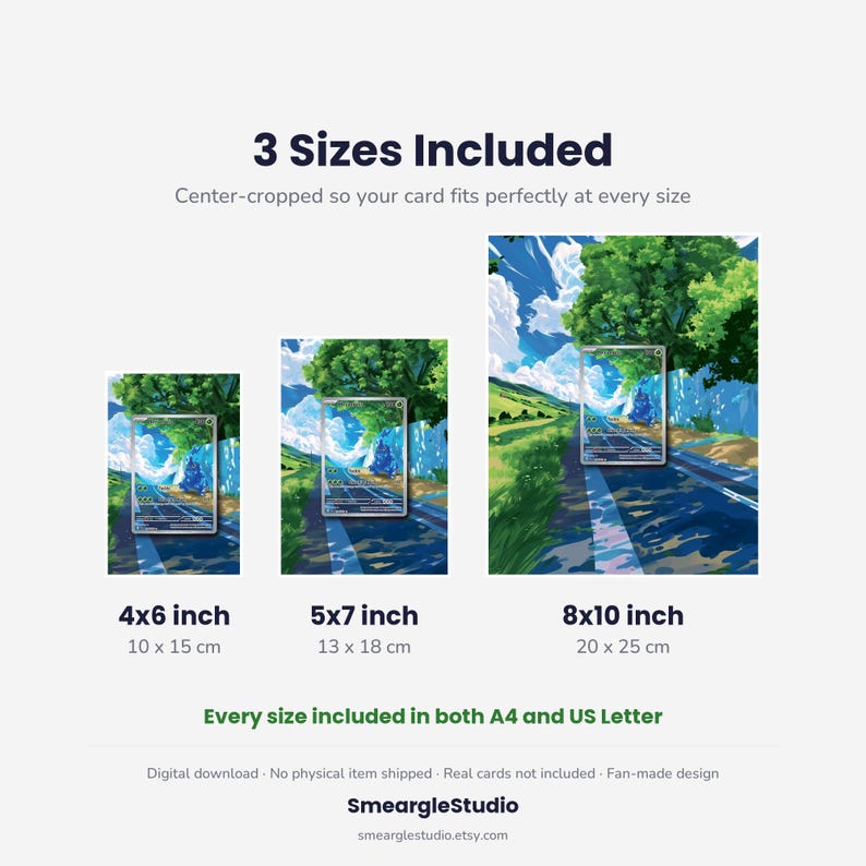 May include: A digital download graphic showing three sizes of a landscape illustration featuring a road, trees, and blue sky. Text includes 3 Sizes Included, 4x6 inch, 5x7 inch, 8x10 inch, 10 x 15 cm, 13 x 18 cm, 20 x 25 cm, Every size included in both A4 and US Letter, Digital download, No physical item shipped, Real cards not included, Fan-made design, SmeargleStudio, smearglestudio.etsy.com.