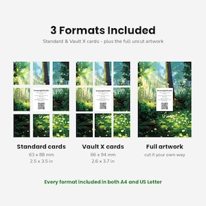 May include: A digital product display showing 3 Formats Included: Standard cards at 63 x 88 mm, Vault X cards at 66 x 94 mm, and full artwork. Each section features a forest illustration with a SmeargleStudio card and a QR code for reference.