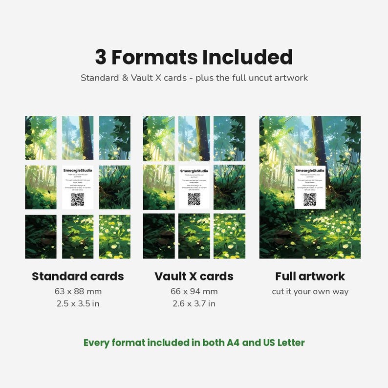 May include: A digital product display showing 3 Formats Included: Standard cards at 63 x 88 mm, Vault X cards at 66 x 94 mm, and full artwork. Each section features a forest illustration with a SmeargleStudio card and a QR code for reference.