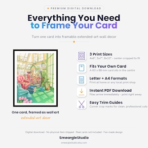May include: A digital download guide for framing cards, featuring a framed illustration of a sunlit greenhouse with a pink armchair and a 63 x 88 mm card in the center. Includes text detailing 3 print sizes, 4x6, 5x7, 8x10 inches, and trim guides.