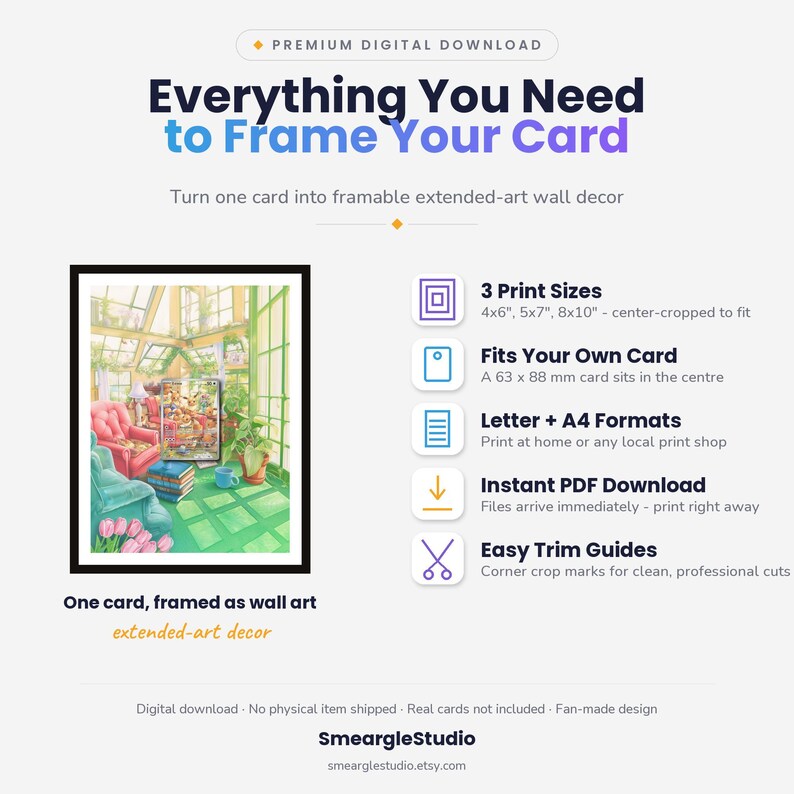 May include: A digital download guide for framing cards, featuring a framed illustration of a sunlit greenhouse with a pink armchair and a 63 x 88 mm card in the center. Includes text detailing 3 print sizes, 4x6, 5x7, 8x10 inches, and trim guides.
