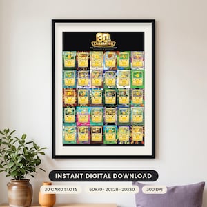 以下が含まれることがあります： 30th Celebration Illustrator Collectionのピカチュウのトレーディングカードがグリッド状に並んだ額入りポスター。黒い背景にカラフルなカードが並び、上部には金色の「30th Celebration」の文字が記されています。プリントは黒いフレームに入っています。