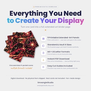 Pu&ograve; includere: Un prodotto in download digitale con 9 pannelli artistici estesi stampabili per una pagina di raccoglitore a 9 tasche. Il design mostra una scena cosmica senza giunture con motivi rossi, arancioni e neri. Include il testo: Everything You Need to Create Your Display.