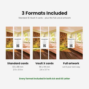 May include: A digital product display showing three formats: standard cards at 63 x 88 mm, Vault X cards at 66 x 94 mm, and full artwork. Each format features a grid overlay of a library room illustration with a QR code and text.