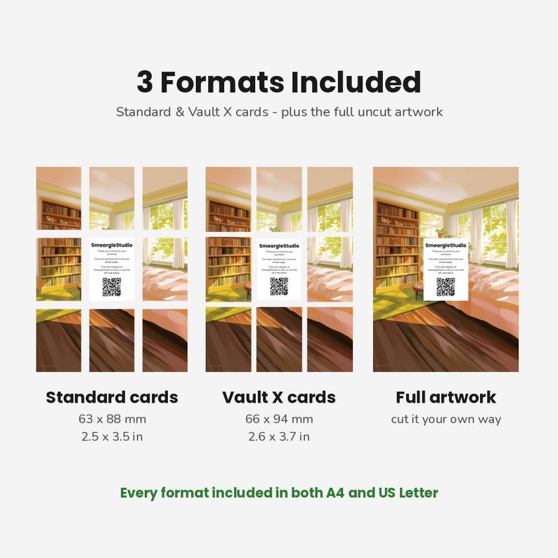 May include: A digital product display showing three formats: standard cards at 63 x 88 mm, Vault X cards at 66 x 94 mm, and full artwork. Each format features a grid overlay of a library room illustration with a QR code and text.