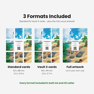 May include: A digital graphic showing three formats for a beach scene illustration: standard cards at 2.5 x 3.5 inches, Vault X cards at 2.6 x 3.7 inches, and full artwork. Text includes 3 Formats Included, Standard & Vault X cards, and more.