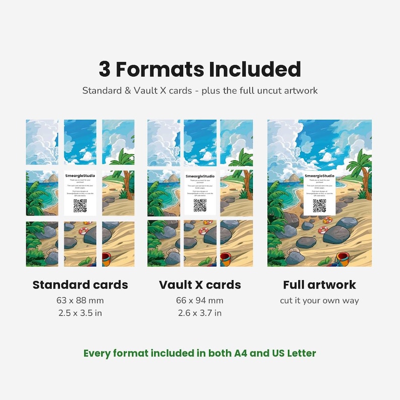 May include: A digital graphic showing three formats for a beach scene illustration: standard cards at 2.5 x 3.5 inches, Vault X cards at 2.6 x 3.7 inches, and full artwork. Text includes 3 Formats Included, Standard & Vault X cards, and more.