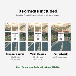 May include: A digital display showing 3 Formats Included: Standard cards at 2.5 x 3.5 inches, Vault X cards at 2.6 x 3.7 inches, and full artwork. Each section features a landscape illustration of a road, house, and sky with a central QR code card.