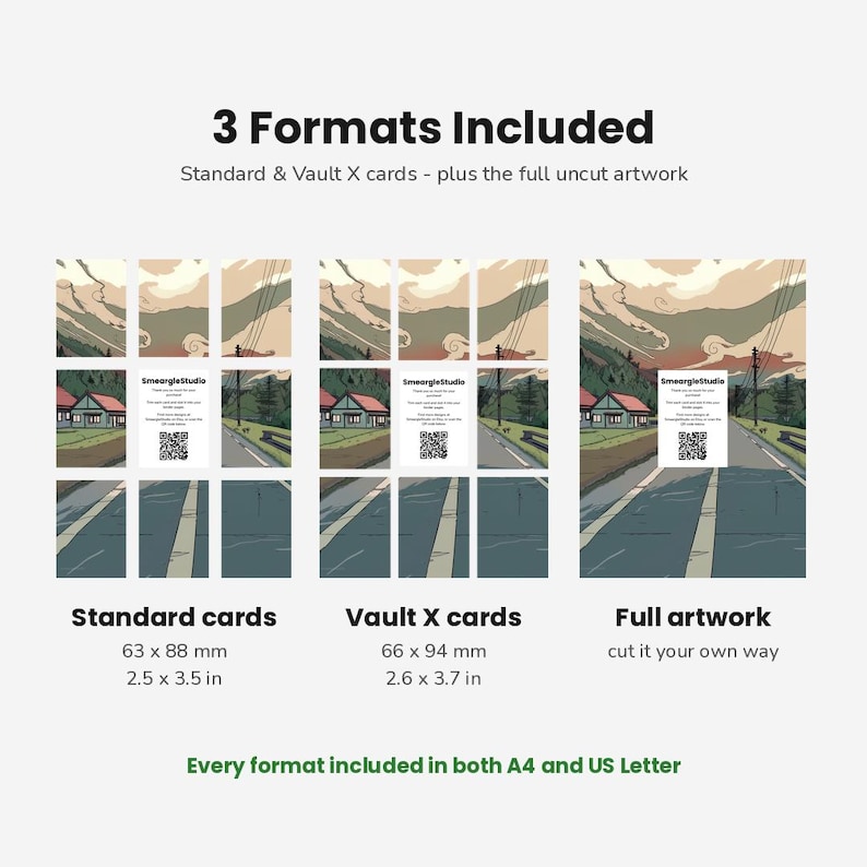 May include: A digital display showing 3 Formats Included: Standard cards at 2.5 x 3.5 inches, Vault X cards at 2.6 x 3.7 inches, and full artwork. Each section features a landscape illustration of a road, house, and sky with a central QR code card.