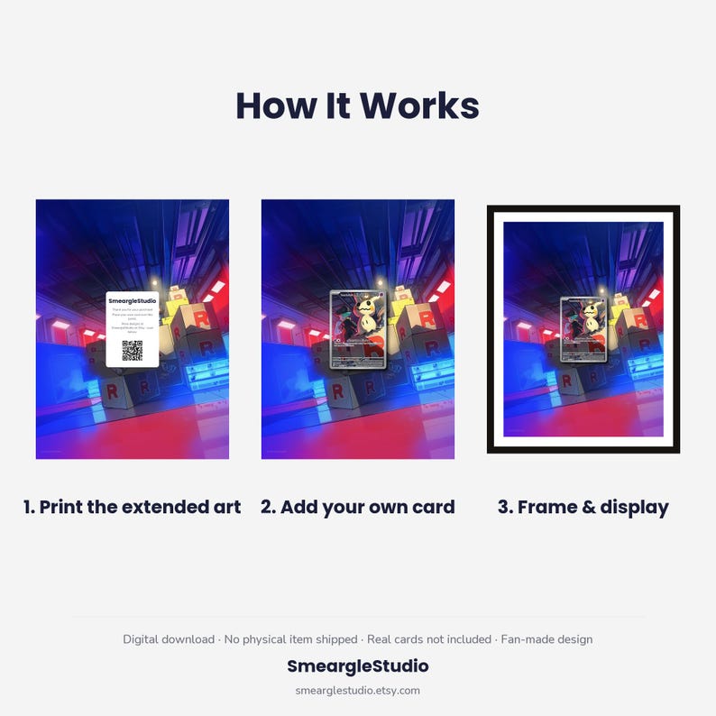 Peut inclure: Un graphique en trois &eacute;tapes intitul&eacute; How It Works. L'&eacute;tape 1 montre une carte avec un code QR, l'&eacute;tape 2 une carte &agrave; collectionner Mimikyu sur l'illustration, et l'&eacute;tape 3 la carte dans un cadre noir. Le texte indique Print the extended art, Add your own card, et Frame & display.