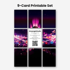 May include: A 9-card printable set featuring a dark background with vibrant pink, purple, and blue bokeh light effects. The center card displays the text SmeargleStudio, instructions for trimming and use, and a QR code for further designs.