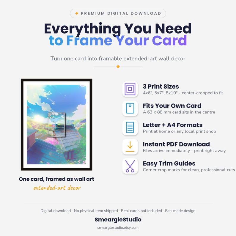 May include: A digital download guide for framing a 63 x 88 mm card as wall art. It features three print sizes (4x6, 5x7, 8x10 inches), Letter and A4 formats, instant PDF delivery, and trim guides. The text includes Everything You Need to Frame Your Card.