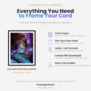May include: A digital download guide for framing cards, featuring a purple and blue fantasy forest illustration. Text includes Everything You Need to Frame Your Card, 3 Print Sizes 4x6, 5x7, 8x10, Fits Your Own Card 63 x 88 mm, and SmeargleStudio.