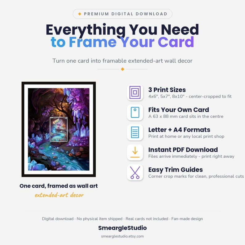 May include: A digital download guide for framing cards, featuring a purple and blue fantasy forest illustration. Text includes Everything You Need to Frame Your Card, 3 Print Sizes 4x6, 5x7, 8x10, Fits Your Own Card 63 x 88 mm, and SmeargleStudio.