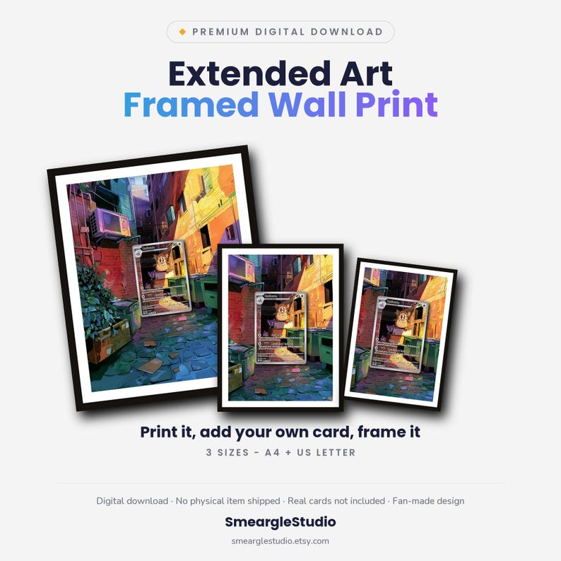 May include: Three black-framed wall prints featuring an extended art illustration of a cartoon character in an alleyway. The text reads Premium Digital Download, Extended Art Framed Wall Print, Print it, add your own card, frame it, 3 SIZES - A4 + US LETTER.