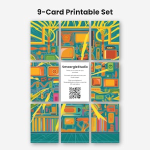 May include: A 9-card printable set featuring a vibrant teal background with yellow lightning bolts and orange electronic device illustrations. The center card displays the text SmeargleStudio, instructions for trimming, and a black and white QR code.