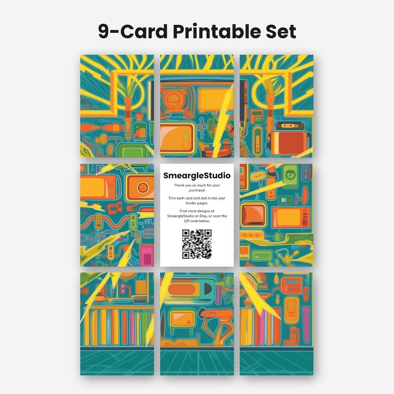 May include: A 9-card printable set featuring a vibrant teal background with yellow lightning bolts and orange electronic device illustrations. The center card displays the text SmeargleStudio, instructions for trimming, and a black and white QR code.