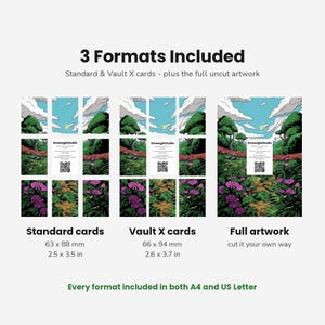May include: A digital print sheet featuring three formats of landscape artwork: standard cards at 2.5 x 3.5 inches, Vault X cards at 2.6 x 3.7 inches, and full uncut artwork. The illustration depicts a green forest with purple flowers and a blue sky.