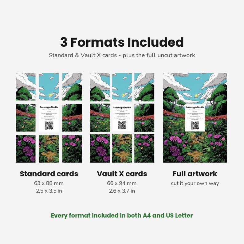May include: A digital print sheet featuring three formats of landscape artwork: standard cards at 2.5 x 3.5 inches, Vault X cards at 2.6 x 3.7 inches, and full uncut artwork. The illustration depicts a green forest with purple flowers and a blue sky.