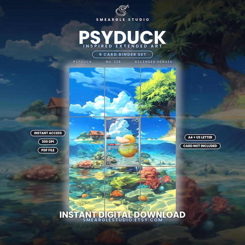 May include: A digital 9-card binder set featuring Psyduck inspired extended art. The image displays a vibrant underwater and coastal scene with a yellow creature, coral, and a house. Text includes SMEARGLE STUDIO, PSYDUCK, INSTANT DIGITAL DOWNLOAD.
