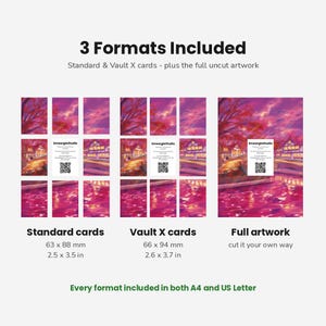 May include: A digital display showing three formats of a landscape artwork featuring a sunset over a river and buildings. The formats include standard cards at 2.5 x 3.5 inches, Vault X cards at 2.6 x 3.7 inches, and a full uncut artwork sheet.
