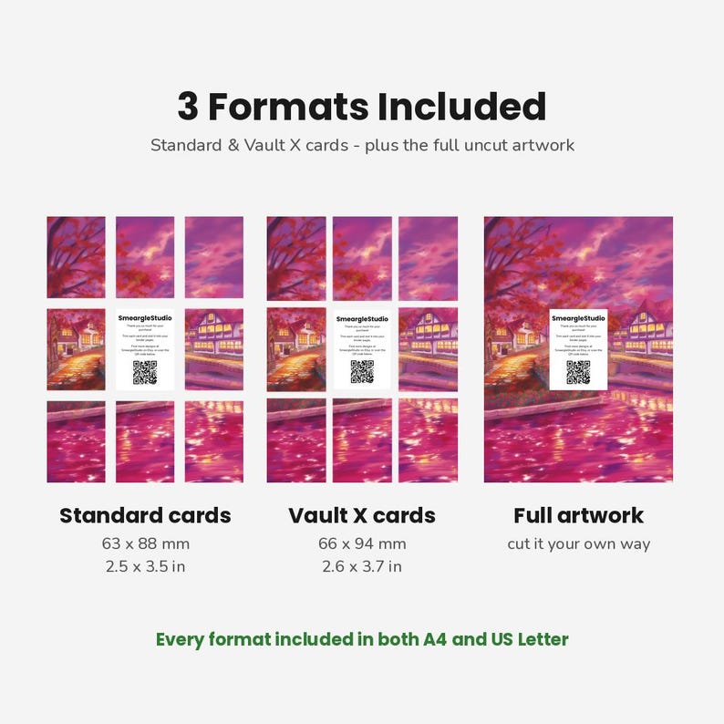 May include: A digital display showing three formats of a landscape artwork featuring a sunset over a river and buildings. The formats include standard cards at 2.5 x 3.5 inches, Vault X cards at 2.6 x 3.7 inches, and a full uncut artwork sheet.