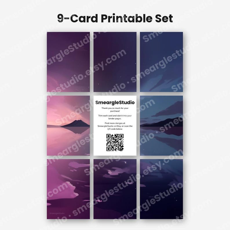 May include: A 9-card printable set featuring a landscape illustration with a mountain reflected in water at sunset. The cards display purple, pink, and blue gradients. A central white card includes the text SmeargleStudio and a QR code.