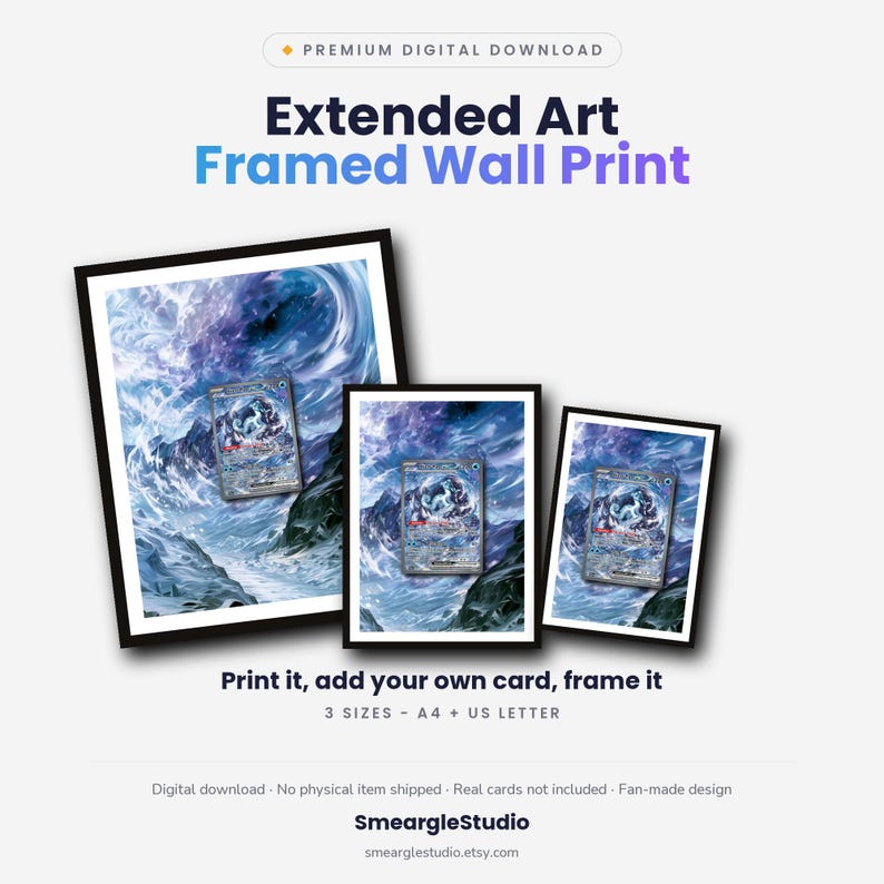 May include: Three framed wall prints featuring extended fantasy art with a central trading card graphic. The artwork displays a swirling blue and purple cosmic landscape over snowy mountains. Text includes "Extended Art Framed Wall Print" and "3 SIZES - A4 + US LETTER".