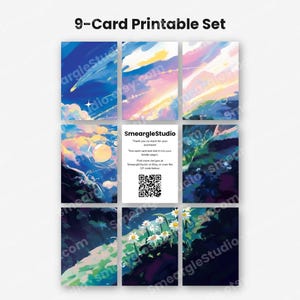 May include: A 9-card printable set featuring digital illustrations of colorful skies, landscapes, and flowers. The center card displays the text SmeargleStudio, thank you instructions, and a QR code. The cards feature blue, pink, and green hues.