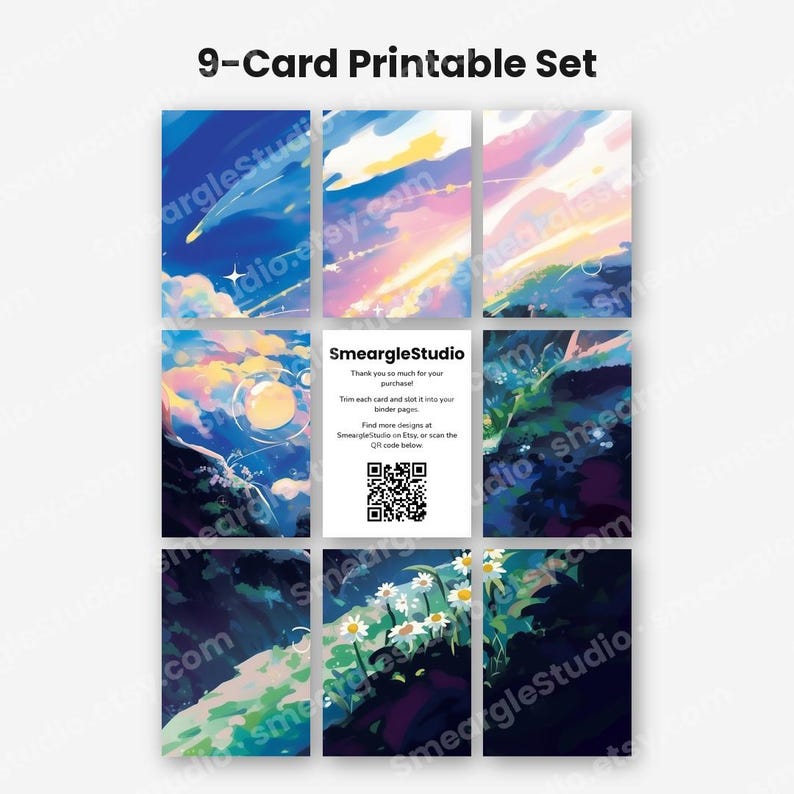 May include: A 9-card printable set featuring digital illustrations of colorful skies, landscapes, and flowers. The center card displays the text SmeargleStudio, thank you instructions, and a QR code. The cards feature blue, pink, and green hues.