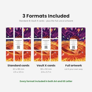 May include: A digital product display showing 3 Formats Included: Standard cards at 2.5 x 3.5 inches, Vault X cards at 2.6 x 3.7 inches, and full artwork. The graphic features a fiery landscape with floating crystals and SmeargleStudio text.